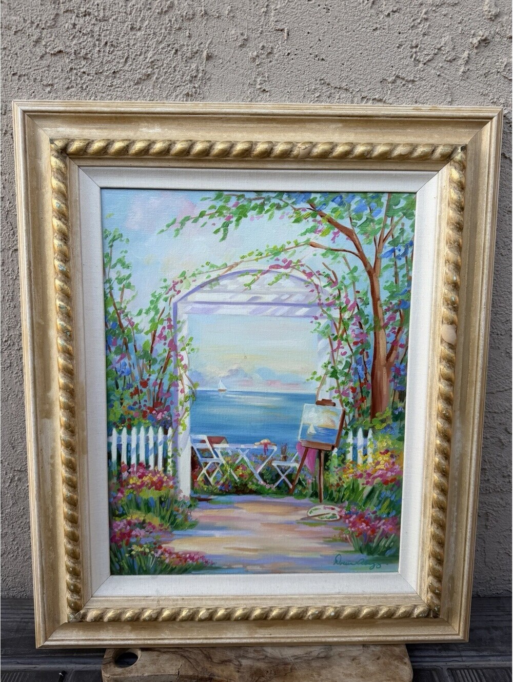 Original Doreen Abegg "Art From The Heart" Coastal Garden Oil Painting Framed